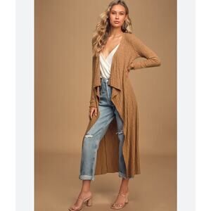 Everly Brown Heather Ribbed Waterfall Open Longline Duster Cardigan M